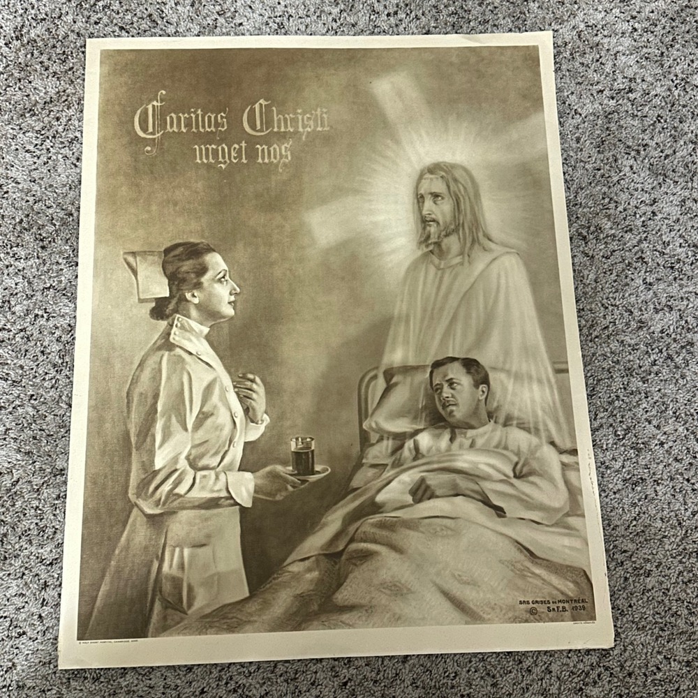 Vintage‎ 1939 Caritas Christi Urget Nos Religious Print Jesus Nurse Sepia Fair